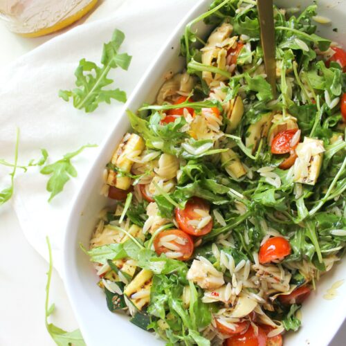 Load up on summer flavors with this Vegan Orzo Pasta Salad with Grilled Veggies. Perfect side for BBQs and pool parties | ThisSavoryVegan.com #thissavoryvegan #summersalad #pastasalad