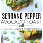 Spice up your next brunch with this Serrano Pepper Avocado Toast - packed full of flavor with grilled corn and fresh chimichurri sauce | ThisSavoryVegan.com