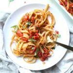 This Spicy Roasted Red Pepper Fettuccine is packed full of flavor and requires just 9 ingredients and 25 minutes to come together | ThisSavoryVegan.com