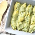 Have a fancy dinner with minimal work - Vegan Ricotta Stuffed Shells with Creamy Pesto. A baked pasta dish that everyone will love | ThisSavoryVegan.com #vegan #veganpasta