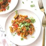 This Vegan Soyrizo Pasta is packed full of chopped veggies, soyrizo and greens. The perfect weeknight dinner - ready in less than 30 minutes! | ThisSavoryVegan.com #thissavoryvegan #vegan #veganrecipe #quickdinner