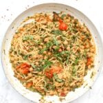 This Creamy Vegan Sun-Dried Tomato, Chickpea, Hummus Spaghetti is a simple dinner recipe that is filling, comforting and delicious | ThisSavoryVegan.com #thissavoryvegan #vegan #veganpasta