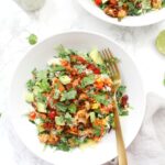 These Cauliflower Taco Bowls with Creamy Vegan Cilantro Ranch are filled with brown rice, bell peppers, onion & beans. A healthy & tasty vegan dinner | ThisSavoryVegan.com #thissavoryvegan #vegan #tacobowl