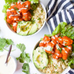 These Buffalo Cauliflower Quinoa Bowls with Vegan Tahini Ranch are the perfect healthy lunch or dinner. Great meal prep idea for busy weekdays | ThisSavoryVegan.com #thissavoryvegan #vegan #buffalocauliflower