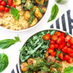 These Roasted Potato Kale Pesto Bowls are loaded with quinoa, cherry tomatoes, garlic potatoes and chopped kale - all topped off with vegan kale pesto | ThisSavoryVegan.com #thissavoryvegan #veganbowl #vegan