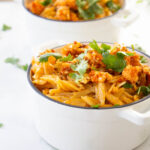 This Vegan Buffalo Cauliflower Orzo Mac and Cheese is creamy, dreamy comfort food. The perfect amount of spice to kick up this classic recipe | ThisSavoryVegan.com #thissavoryvegan #veganmacandcheese #buffalomacandcheese
