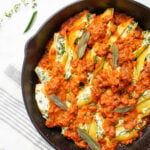 These Vegan Pumpkin and Sausage Stuffed Shells are filled with tofu ricotta and topped with fried sage. A simple and delicious vegan dinner! | ThisSavoryVegan.com #thissavoryvegan #vegan #veganpasta