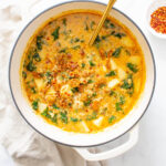 This Vegan Zuppa Toscana soup is perfectly creamy and comforting. Potatoes, vegan sausage and kale are loaded up in a super flavorful broth | ThisSavoryVegan.com #thissavoryvegan #vegansoup #zuppatoscana