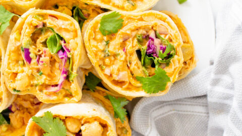 These Vegan Buffalo Chickpea Salad Pinwheels are the ultimate party snack or make-ahead lunch. Slightly spicy, perfectly crunchy and healthy | ThisSavoryVegan.com #thissavoryvegan #pinwheels #veganlunch