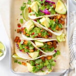 These Roasted Potato Tacos with Chimichurri are perfectly seasoned, bursting with flavor and the perfect at home vegan Taco Tuesday meal! | ThisSavoryVegan.com #thissavoryvegan #vegantacos
