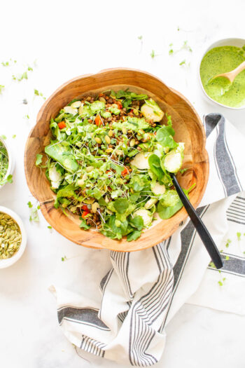This Super Green Vegan Taco Salad is healthy, flavorful and packed with 4 kinds of greens, seasoned lentils and jalapeño cilantro dressing | ThisSavoryVegan.com #thissavoryvegan #vegan #tacosalad