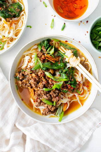 These Vegan Dan Dan Noodles with Garlic Chili Oil are comforting and delicious. Perfectly savory and slightly spicy for the best vegan dinner | ThisSavoryVegan.com #thissavoryvegan #dandannoodles #vegannoodles