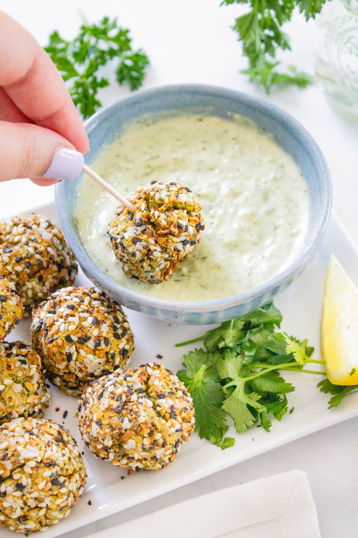 Air Fryer Falafel Bites with Pesto Dipping Sauce This Savory Vegan