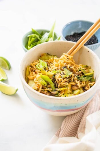 These Vegan Ramen Noodles with Mushrooms & Bok Choy are simple, veggie-packed and totally delicious. Perfect vegan dinner | ThisSavoryVegan.com #vegan #veganramen #vegannoodles