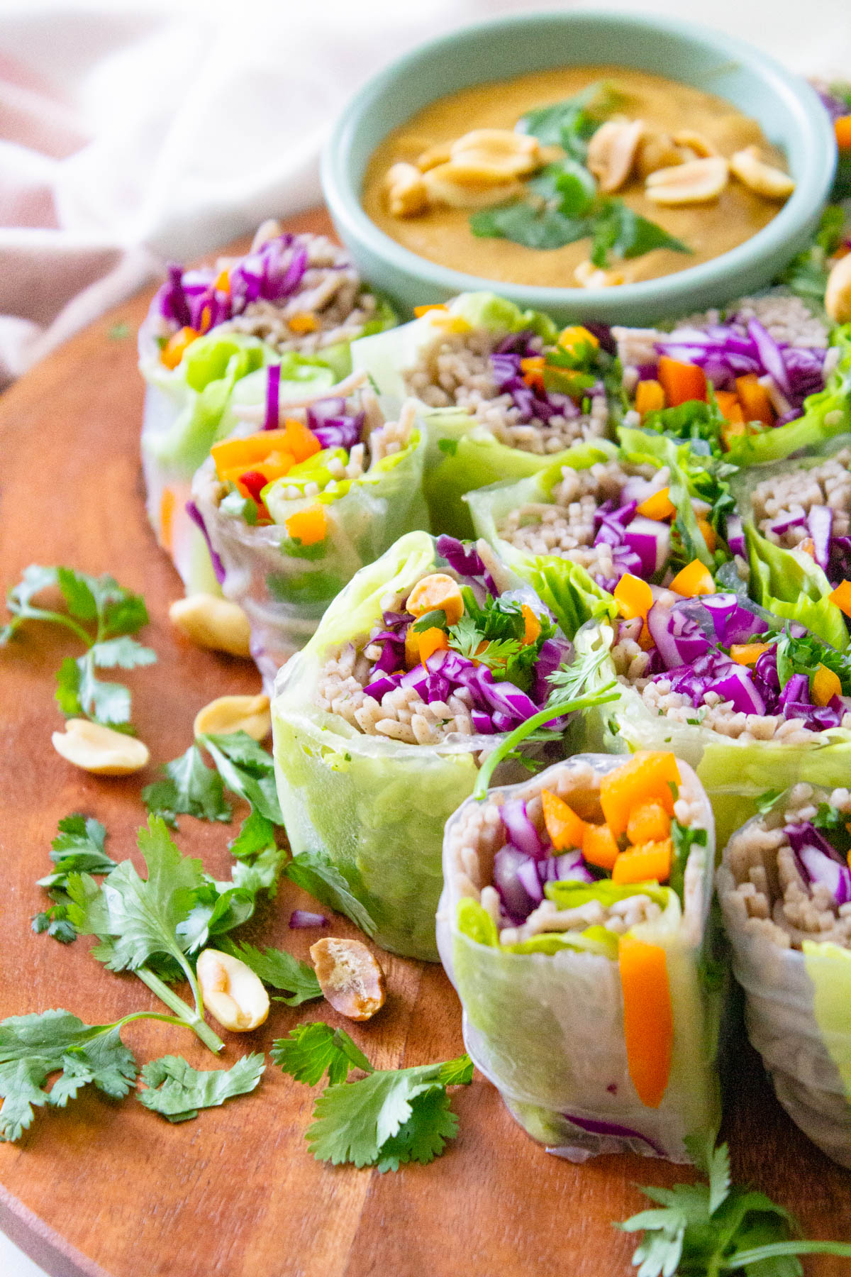 These Soba Noodle Summer Rolls with Peanut Sauce are the perfect no-cook meal. Fresh veggies, fiber-packed soba noodles and a creamy peanut sauce. A great vegan lunch or dinner | ThisSavoryVegan.com #thissavoryvegan #summerroles #peanutsauce