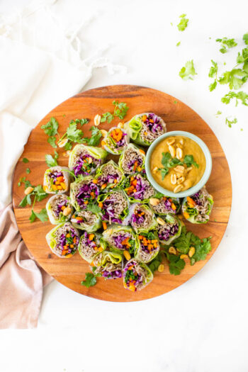 These Soba Noodle Summer Rolls with Peanut Sauce are the perfect no-cook meal. Fresh veggies, fiber-packed soba noodles and a creamy peanut sauce. A great vegan lunch or dinner | ThisSavoryVegan.com #thissavoryvegan #summerroles #peanutsauce