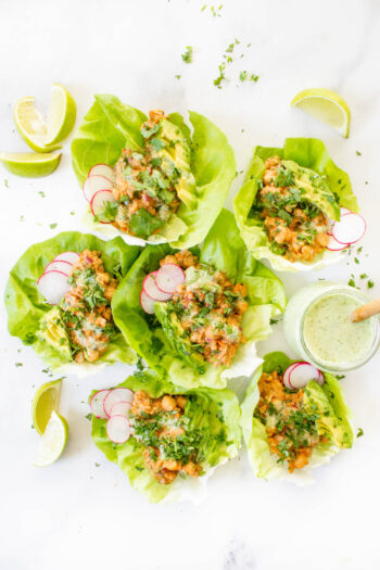 These BBQ Chickpea Lettuce Wraps are the perfect lunch or dinner when you don't feel like cooking. Topped with Vegan Cilantro Ranch Dressing & avocado slices | ThisSavoryVegan.com #thissavoryvegan #bbqchickpeas #veganlettucewraps