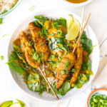 These Vegan Chicken Satay Bowls are loaded with coconut rice, spinach, air fryer vegan chicken satay skewers and a curry peanut sauce! Comforting and quick dinner idea | ThisSavoryVegan.com #thissavoryvegan #veganchickensatay #peanutsauce