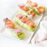 These Vegan BLT Summer Rolls are the perfect cold lunch or snack. Loaded with tempeh bacon, cherry tomatoes, butter lettuce & avocado. Served with Vegan Cilantro Ranch | ThisSavoryVegan.com #thissavoryvegan #summerrolls #veganblt