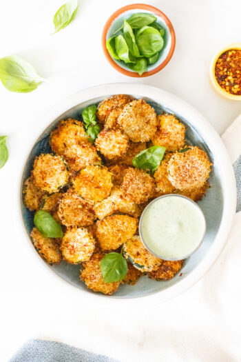 These Air Fryer Zucchini Chips with Vegan Basil Aioli are the best snack idea! They are crispy, flavor-packed and a healthier version of chips | ThisSavoryVegan.com #thissavoryvegan #airfryerrecipe #zucchinirecipes