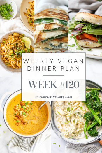 Weekly Vegan Dinner Plan #120 - five nights worth of vegan dinners to help inspire your menu. Choose one recipe to add to your rotation or make them all - shopping list included | ThisSavoryVegan.com #thissavoryvegan #mealprep #dinnerplan