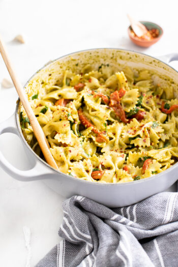 This Creamy Vegan Pesto Pasta is loaded with roasted red peppers, kale, fresh basil and lemon zest. A one-pot vegan dinner that is ready in 30 minutes | ThisSavoryVegan.com #thissavoryvegan #veganpasta #pestopasta
