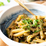 This Penne with Crispy Brussels Sprouts is a simple vegan pasta that is loaded with garlic, shallot, red pepper flakes & herbs | ThisSavoryVegan.com #thissavoryvegan #vegandinnerideas #veganpasta