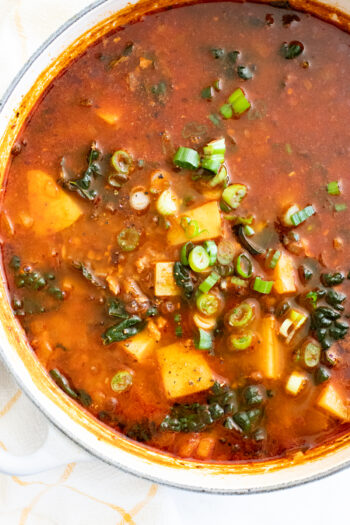 This Zesty Potato, Kale & Lentil Soup has the perfect smoky flavor and is loaded with protein, veggies & carbs. A complete vegan dinner made simple | ThisSavoryVegan.com #thissavoryvegan #vegansoup #potatosoup