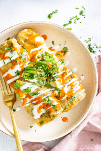 These Roasted Poblano Vegan Enchiladas are creamy, veggie-packed and super simple. A great make ahead vegan dinner | ThisSavoryVegan.com #thissavoryvegan #veganenchiladas #vegancasserole