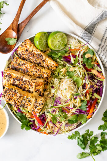 This Peanut Noodle Salad with Sesame Tofu is a combo of crunchy raw veggies, vermicelli rice noodles, crispy sesame tofu and spicy peanut sauce | ThisSavoryVegan.com #thissavoryvegan #peanutnoodles #coldsalads