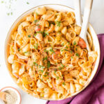 This Vegan Buffalo Chicken Pasta Salad is the perfect cold side dish. Crunchy veggies, charred vegan chicken and a zesty buffalo dressing | ThisSavoryVegan.com #thissavoryvegan #veganpastasalad #vegansidedish