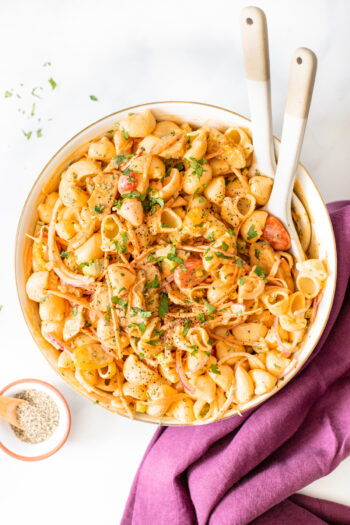 This Vegan Buffalo Chicken Pasta Salad is the perfect cold side dish. Crunchy veggies, charred vegan chicken and a zesty buffalo dressing | ThisSavoryVegan.com #thissavoryvegan #veganpastasalad #vegansidedish
