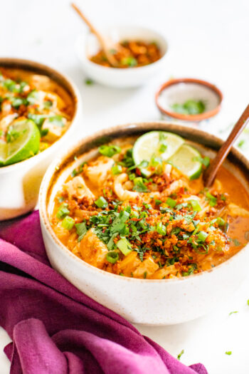 This Red Curry Noodle Soup is perfectly creamy, loaded with udon noodles & tofu and topped off with crispy cauliflower rice for some crunch | ThisSavoryVegan.com #thissavoryvegan #vegansoup #thairecipes