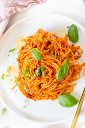 This Roasted Red Pepper Pasta is a quick vegan dinner that is made with spaghetti AND butternut squash noodles for some extra veggies | ThisSavoryVegan.com #thissavoryvegan #butternutsquashnoodles #vegandinner