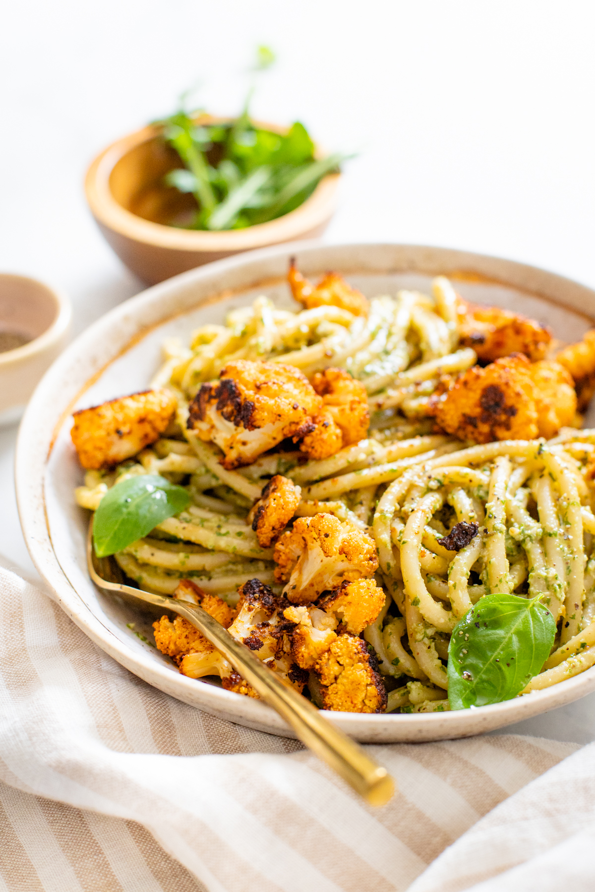 Vegan Pesto Bucatini with Crispy Cauliflower - This Savory Vegan