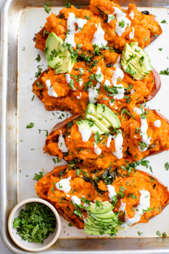 These Buffalo Chickpea Stuffed Sweet Potatoes are smoky, slightly spicy and a healthy vegan dinner that everyone will love | ThisSavoryVegan.com #thissavoryvegan #vegandinner #glutenfree