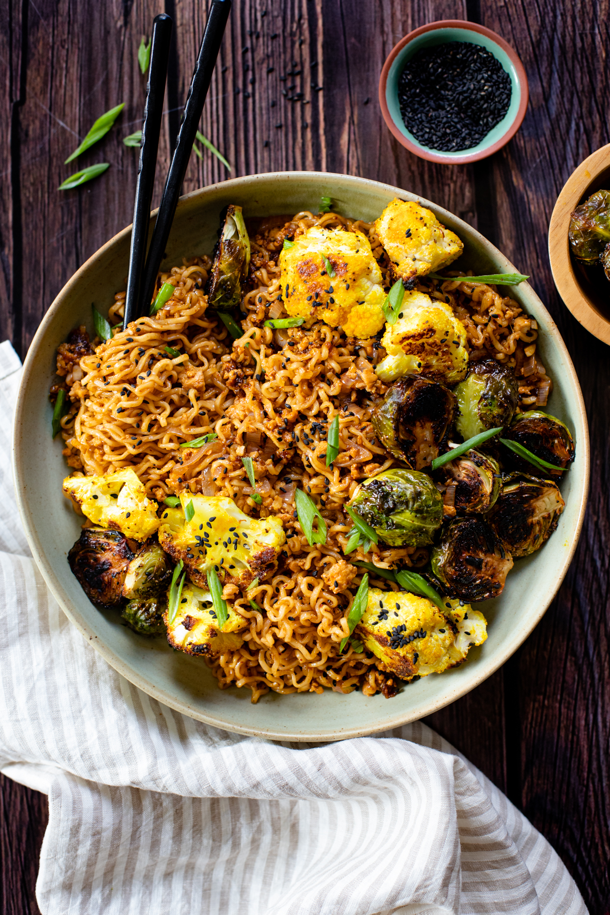 Hold the broth on this one - instead we are whipping up these saucy and delicious Roasted Veggie Ramen Noodles. A quick & healthy weeknight dinner | ThisSavoryVegan.com #vegannoodles #thissavoryvegan #veganramen