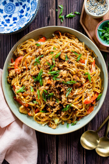 Ready in 30 minutes, filled with veggies and totally tasty. These Simple Hoisin Tofu Noodles are a quick and easy vegan dinner idea | ThisSavoryVegan.com #vegannoodles #veganstirfry #vegandinneridea