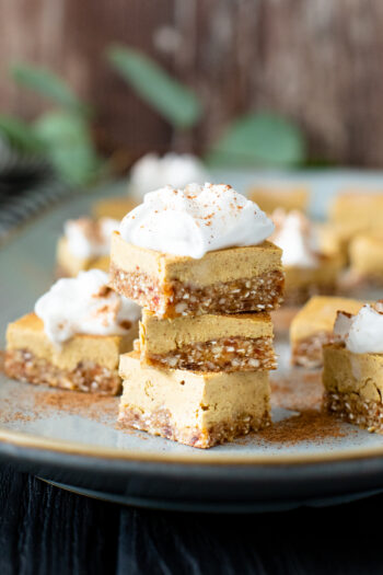 These No-Bake Pumpkin Cheesecake Bars are the perfect vegan dessert. Serve with coconut whipped cream and pumpkin spice on top | ThisSavoryVegan.com #vegandesserts #vegancheesecake #falldesserts