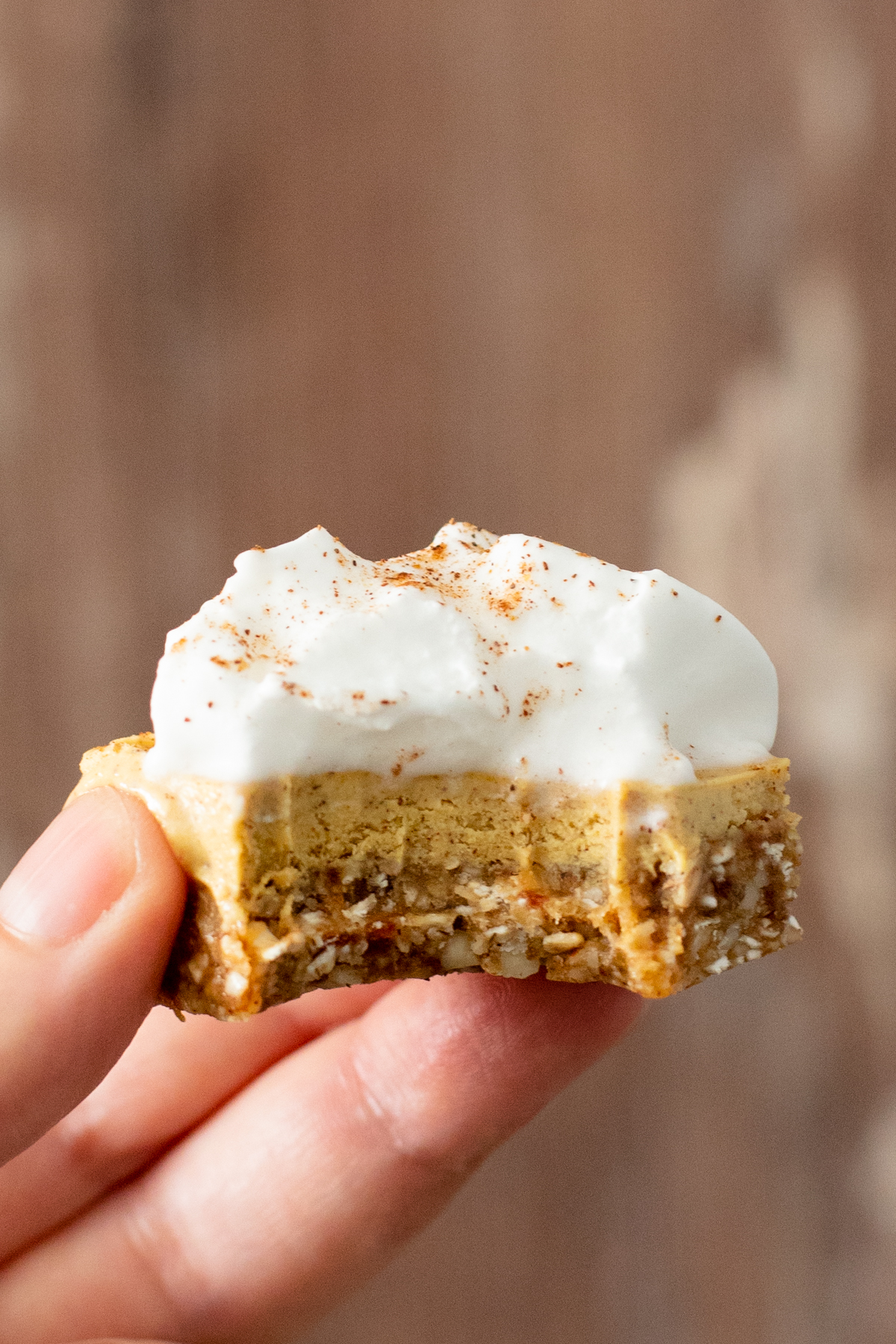 These No-Bake Pumpkin Cheesecake Bars are the perfect vegan dessert. Serve with coconut whipped cream and pumpkin spice on top | ThisSavoryVegan.com #vegandesserts #vegancheesecake #falldesserts