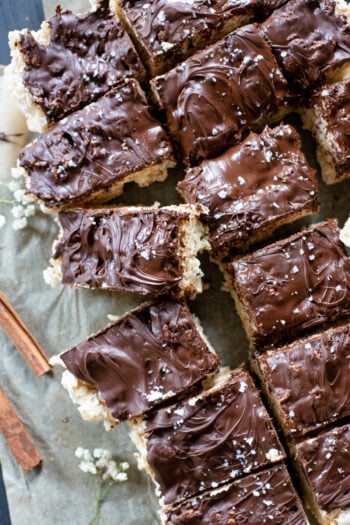 These Chai Spice Vegan Rice Krispie Treats are covered in chocolate and flaky sea salt. Over the top dessert that everyone will love | ThisSavoryVegan.com #thissavoryvegan #vegandesserts #vegandessertrecipes