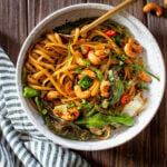 These Shishito Pepper Noodles are made with blistered peppers, a vegan stir-fry sauce, linguine noodles and maple sesame cashews | ThisSavoryVegan.com #thissavoryvegan #veganstirfry #vegannoodles