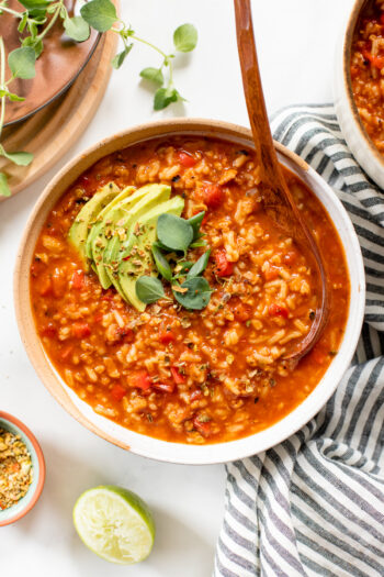 This Vegan Stuffed Pepper Soup is filled with all the things you love about stuffed peppers, but soup-style! A great make ahead lunch or simple dinner | ThisSavoryVegan.com #thissavoryvegan #vegansoup #healthysoupideas