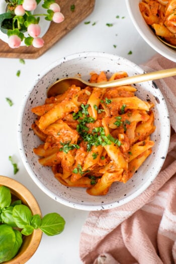 This Creamy Vegan Tomato Penne requires just a handful of ingredients and one pot! Perfect for a date night served with a big green salad | ThisSavoryVegan.com #thissavoryvegan #veganpasta #creamypasta