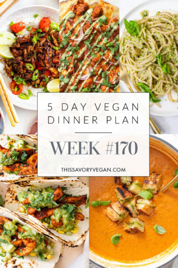 Not sure what to make for dinner this week? I have you covered with 5 simple & delicious vegan dinner ideas! Grocery list is included | Vegan Dinner Plan #170 | ThisSavoryVegan.com