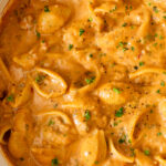 These Creamy Vegan Beef & Shells are the perfect weeknight dinner! Made in one pot and less than an hour. Quick, easy and delicious | ThisSavoryVegan.com #thissavoryvegan #veganpasta #onepotmeal