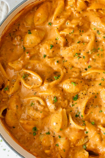 These Creamy Vegan Beef & Shells are the perfect weeknight dinner! Made in one pot and less than an hour. Quick, easy and delicious | ThisSavoryVegan.com #thissavoryvegan #veganpasta #onepotmeal