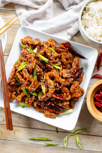 This Vegan Mongolian Beef is made from soy curls and has the best texture and flavor! Serve it with rice and your favorite veggie side dish | ThisSavoryVegan.com #thissavoryvegan #veganbeef #soycurlrecipes
