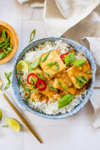 This Coconut Braised Tofu is the perfect weeknight dinner. Tofu is browned, then braised in a creamy sauce - serve over hot rice | ThisSavoryVegan.com #thissavoryvegan #braisedtofu #coconutmilkrecipes