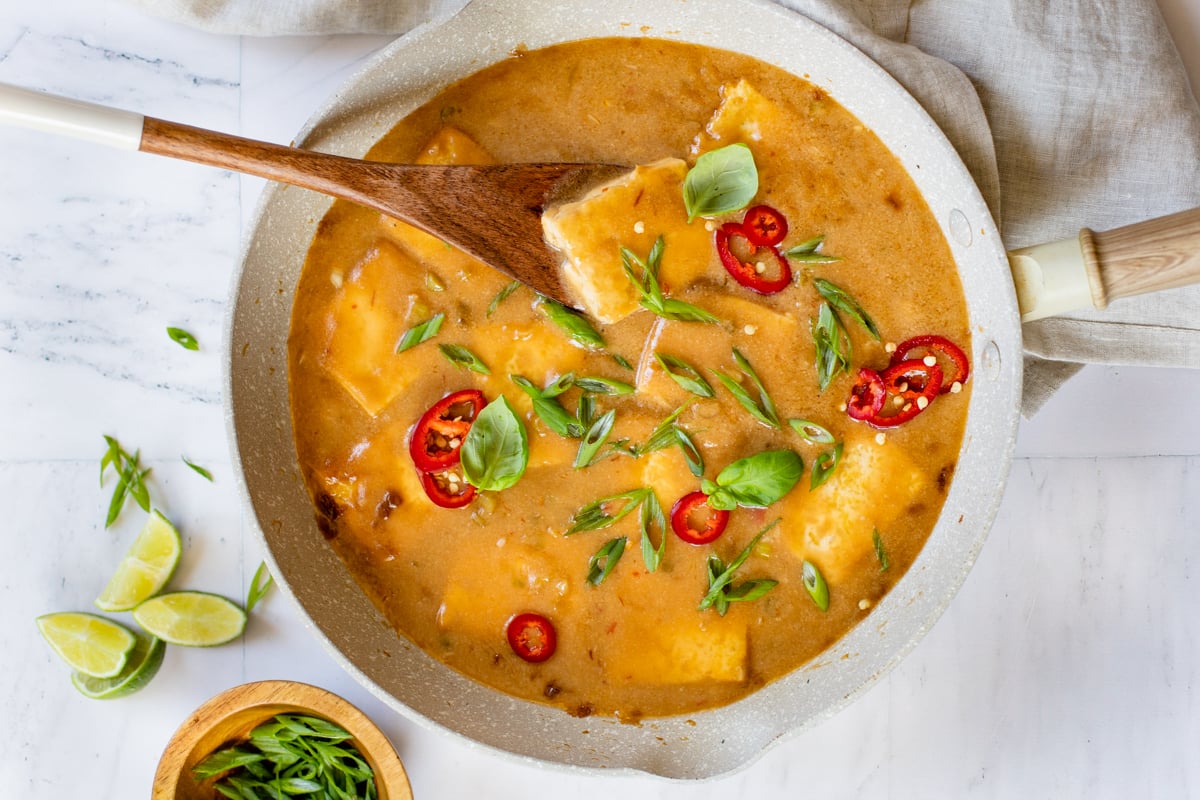 This Coconut Braised Tofu is the perfect weeknight dinner. Tofu is browned, then braised in a creamy sauce - serve over hot rice | ThisSavoryVegan.com #thissavoryvegan #braisedtofu #coconutmilkrecipes